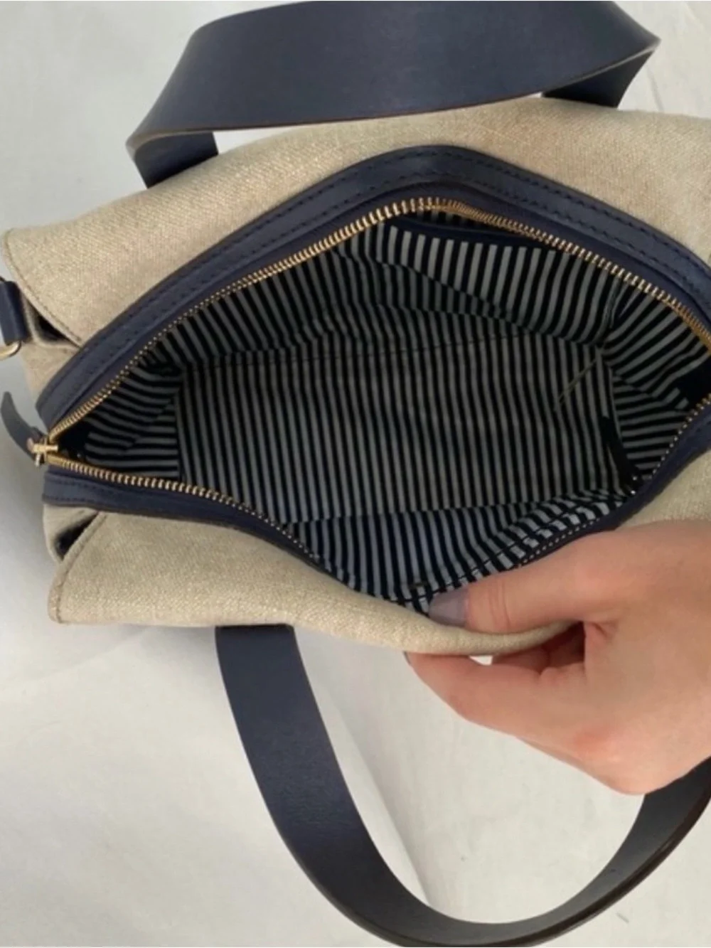 kate spade Beige and Navy Canvas Satchel with Gold Spade Logo